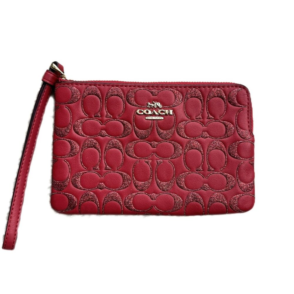 Coach Red Crimson Glitter C Corner Zip Wristlet RARE NWT